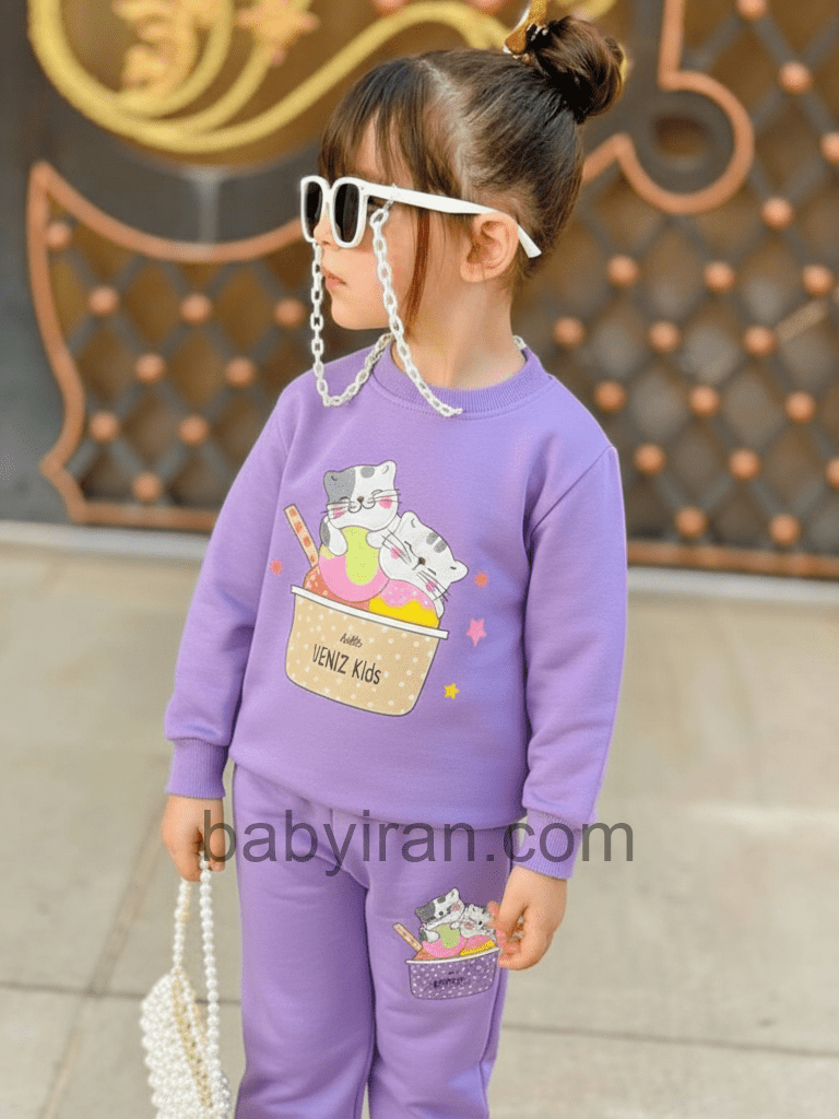 لباس دخترانه شیک و جدید پنبه‌ای طرح گربه گلدوزی شده رنگبندی شاد و راحت مناسب پاییز و بهار و زمستان