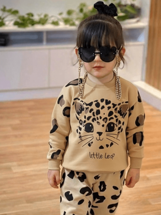 ست لباس بچه‌گانه دخترانه طرح گربه پلنگی| راحت، شیک و خاص کودکانه